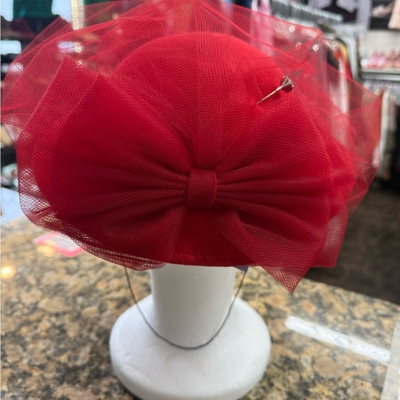 Fedoria Red 100% Wool Wide Brim Hat Tulle Veil Derby Church Formal main image 4